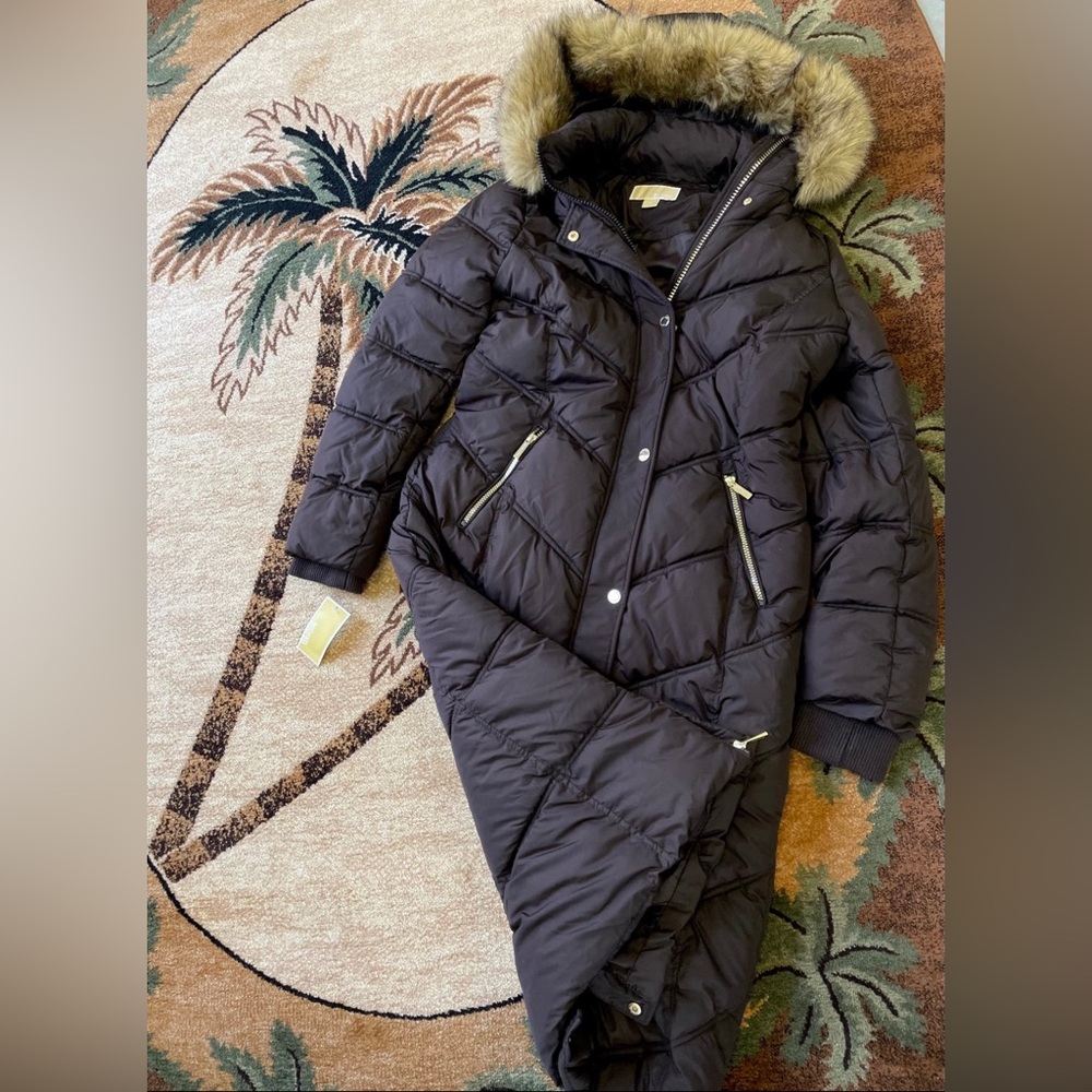 Michael Kors Chocolate Maxi Long Fur Puffer Coat Full Length S M L XL NEW $400